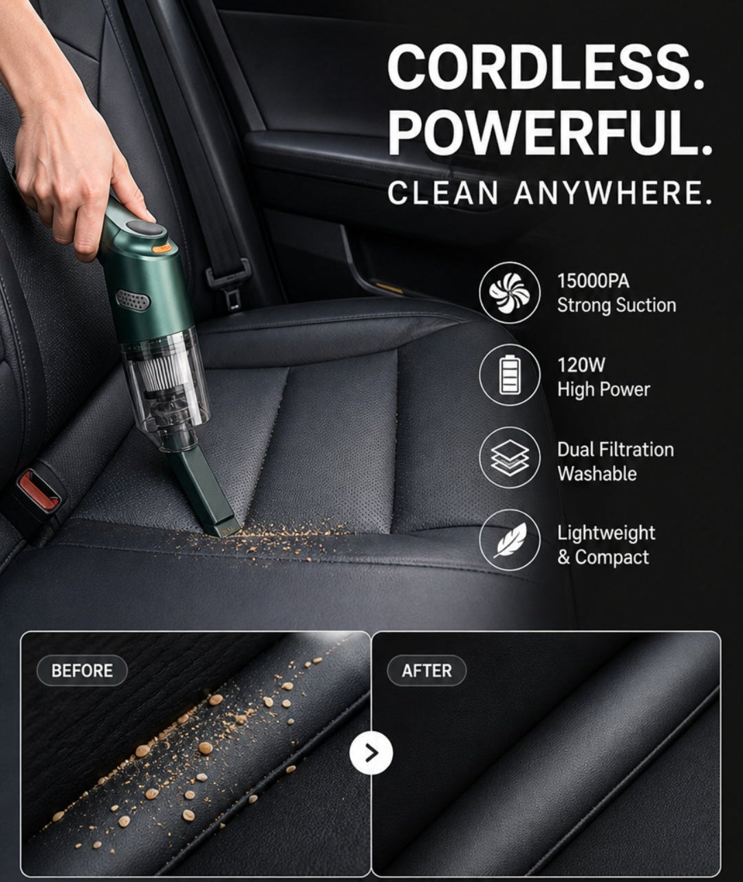 10000Pa Cordless Handheld Vacuum – Washable Filter & Multi-Nozzle Kit
