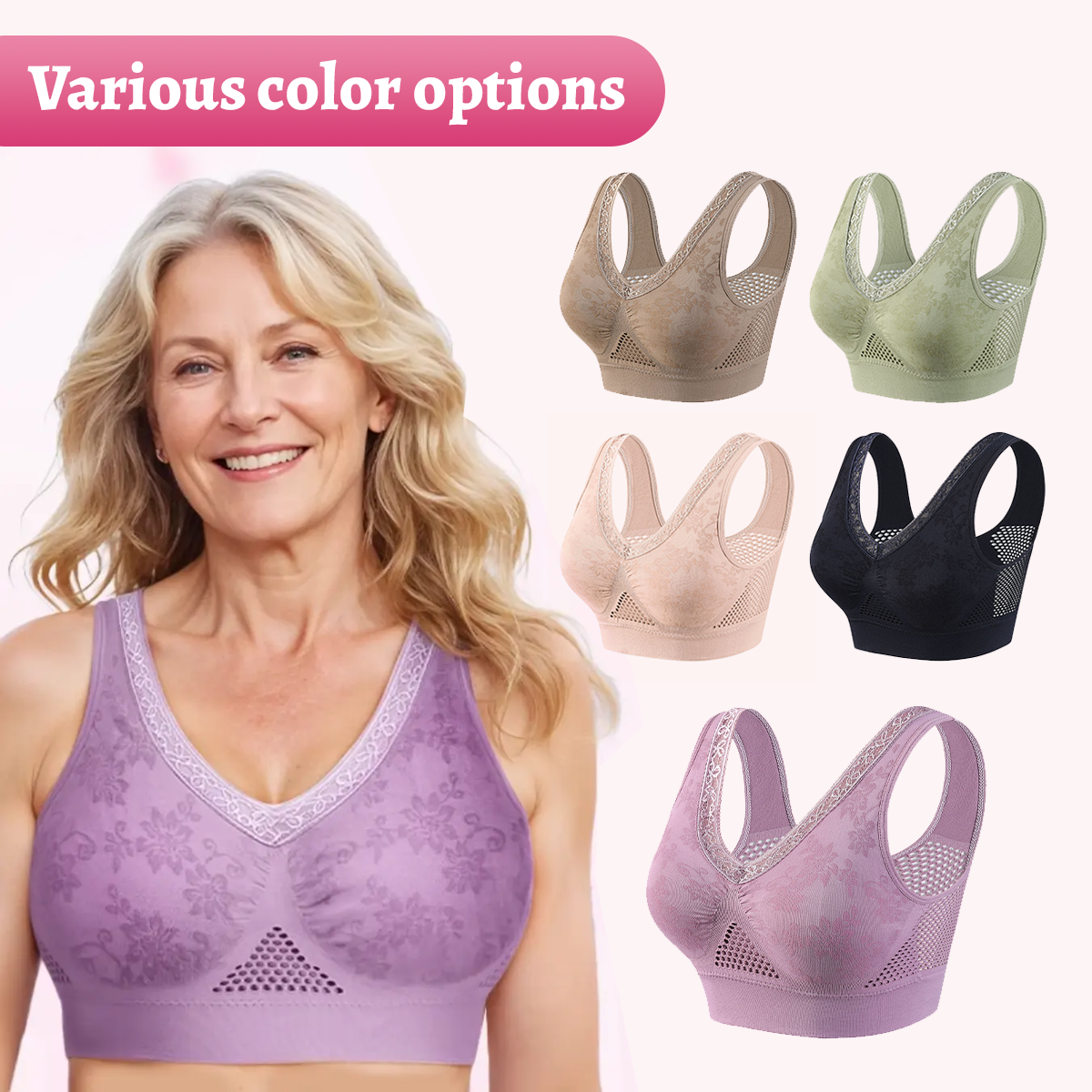 Wireless Full-Coverage Bra – Breathable Mesh & Wide Straps