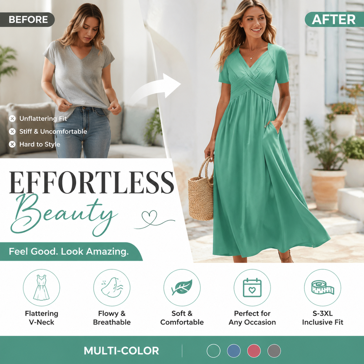 V-Neck Short Sleeve Dress – Flowy Fit, Timeless Charm