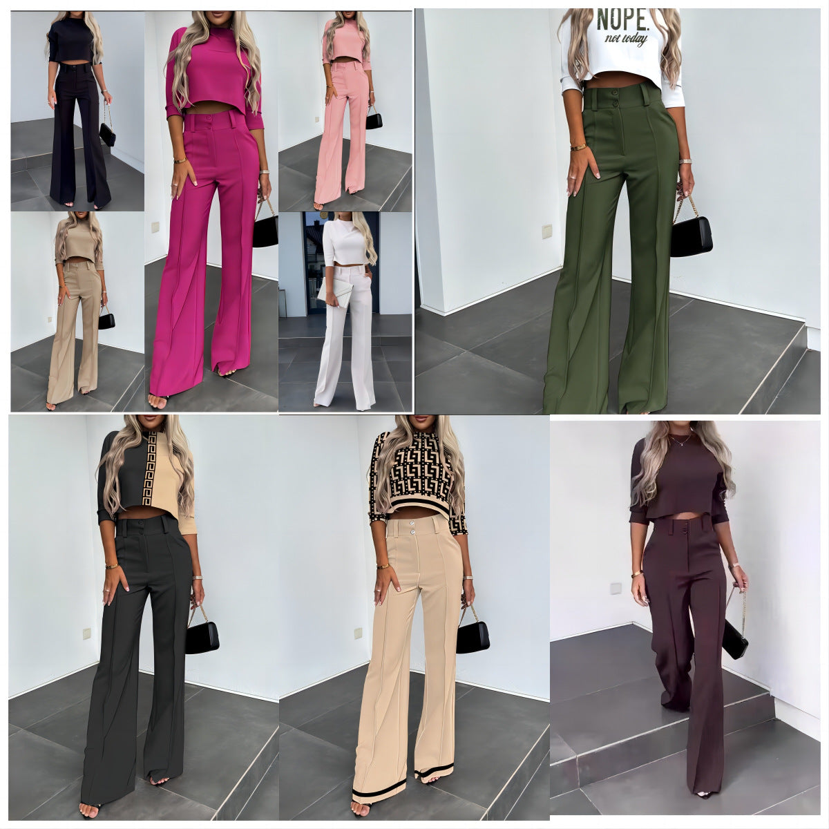 💖LAST DAY SALE 50% OFF!!✨Women's Wide-Leg Commuter Pants & Elegant Crop Top Set