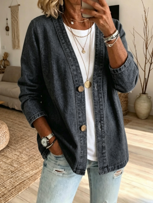 ✨ Women's Classic Button Front Denim Jacket – V-Neck, Breathable Fabric & Relaxed Fit 💙