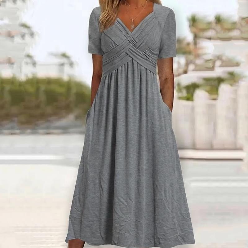 V-Neck Short Sleeve Dress – Flowy Fit, Timeless Charm