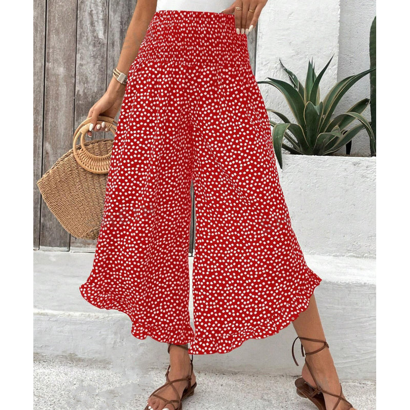 💖50% OFF🌺Polka Dot Ruffle Wide-Leg Pants – Smocked High Waist & Breathable