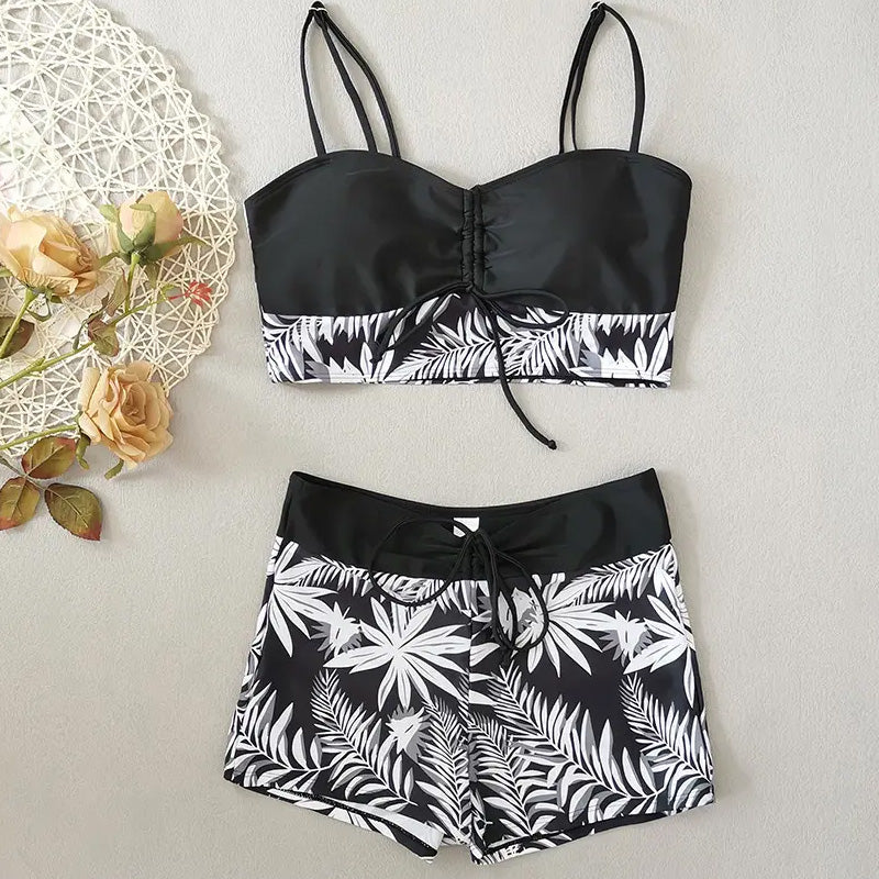 High-Waist Boxer Swimsuit – Printed & Quick-Dry Fit