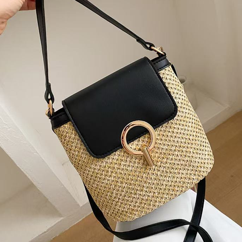 Hand-Woven Straw Bucket Bag | 3-Way Crossbody Shoulder Handbag Gold Hardware