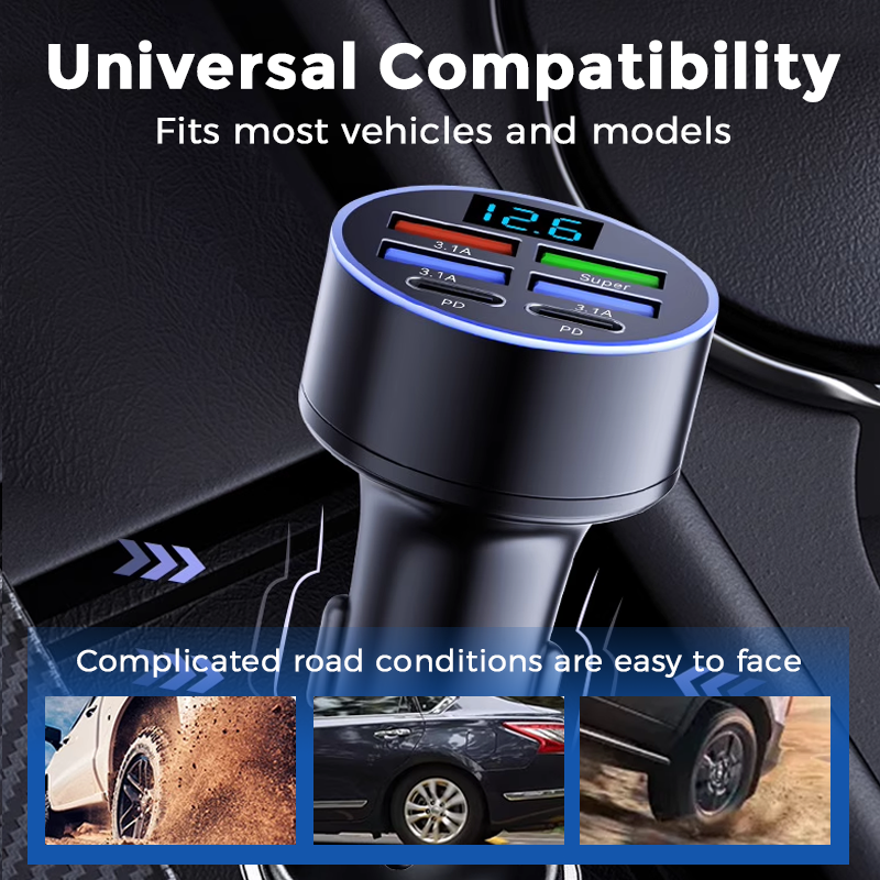 ⚡ Fast Charge All Your Devices at Once – 6‑in‑1 PD & QC Car Adapter.