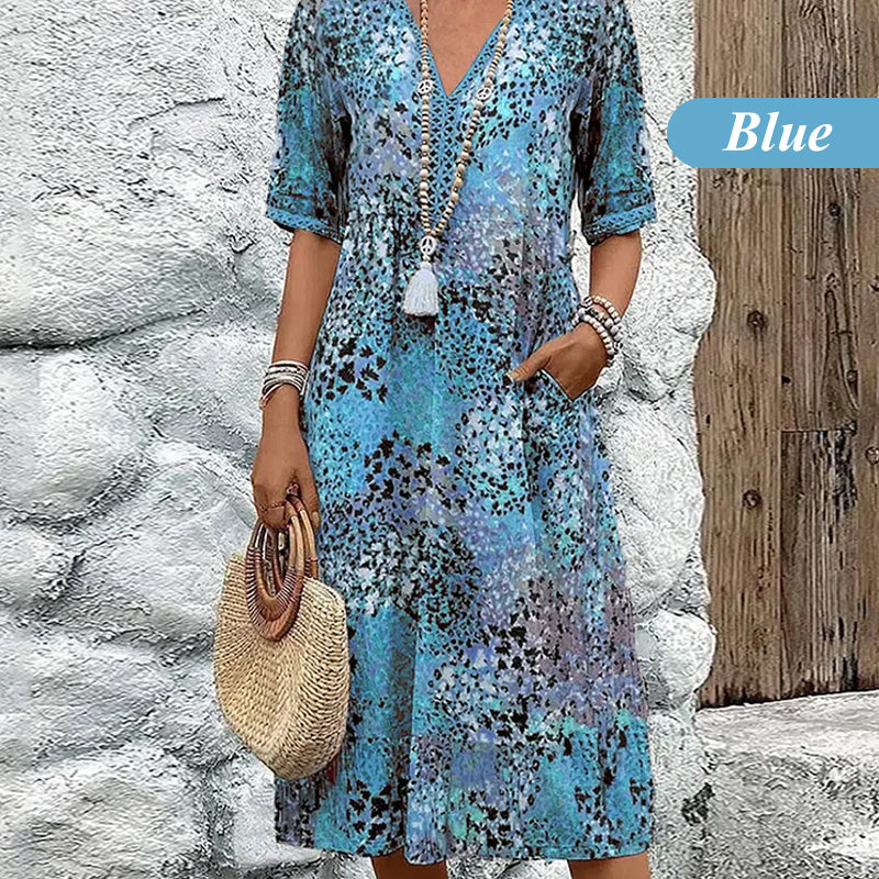 Printed Linen-Cotton Midi Dress – V-Neck & Relaxed Elegance