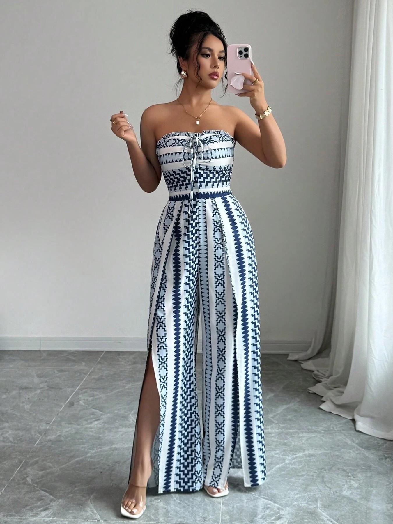 👗 50% OFF NOW! 💥Geometric Print Jumpsuit – Open Back & Stretchy Fit