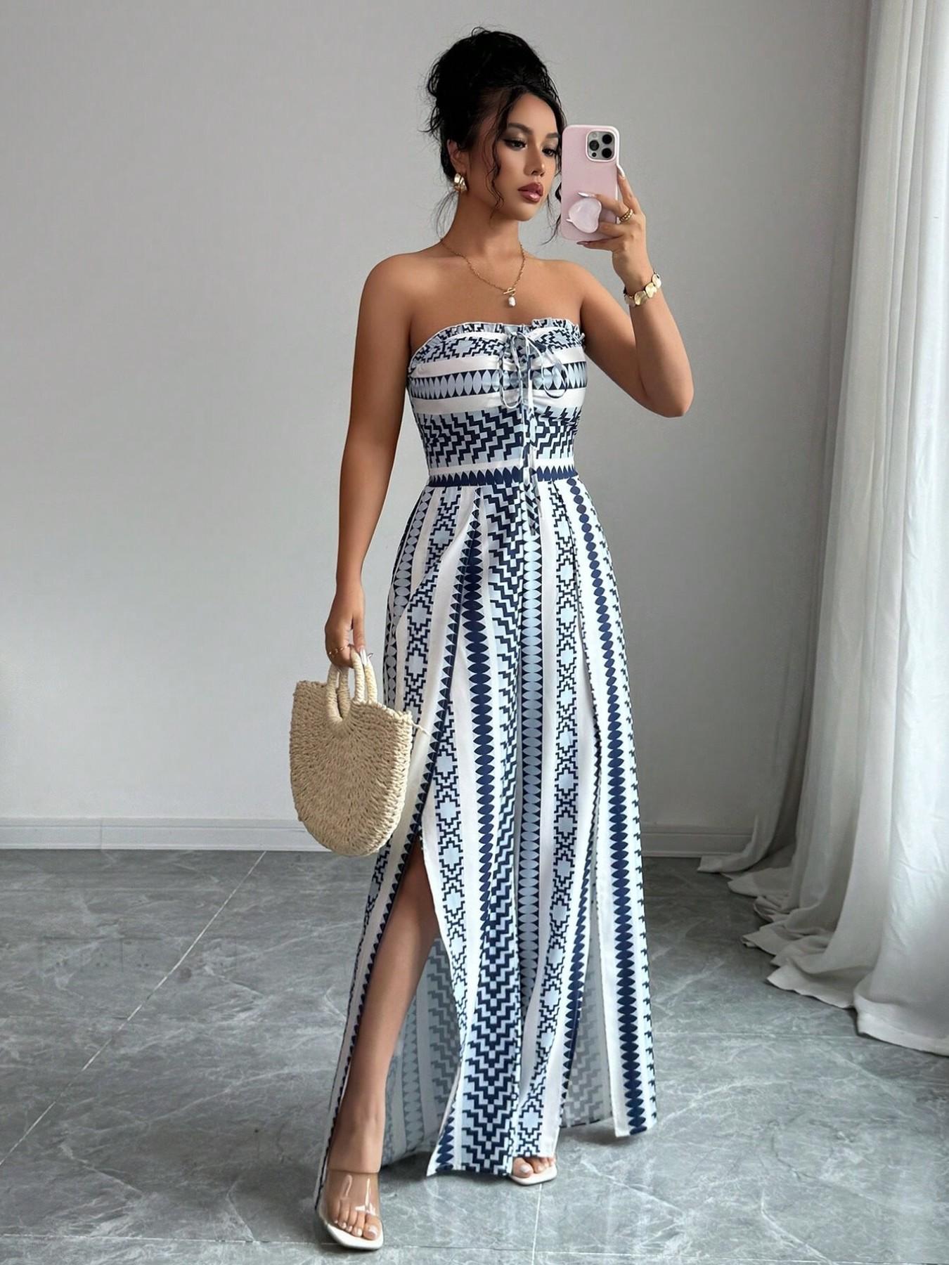 👗 50% OFF NOW! 💥Geometric Print Jumpsuit – Open Back & Stretchy Fit
