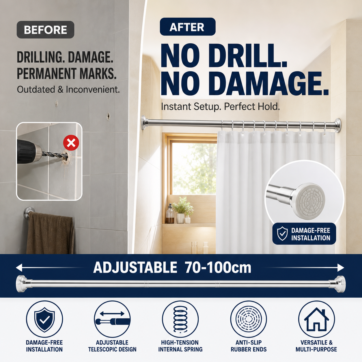 🥼👚 Create storage space anywhere anytime！Adjustable No-Drill Tension Rod