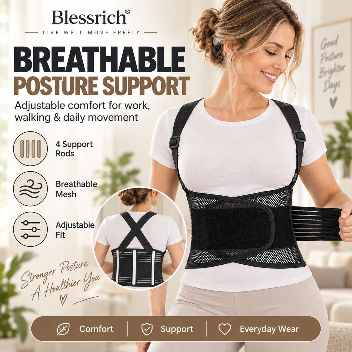 Support Your Back Instantly! Breathable 4-Rod Waist Support Brace