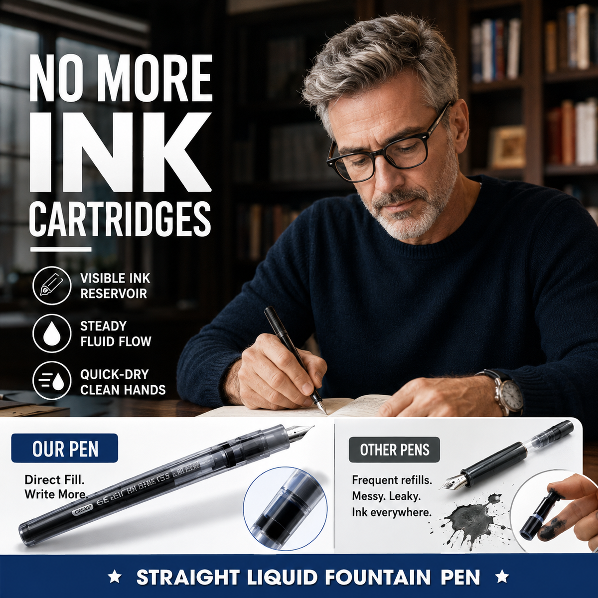 ✍️ High-capacity direct-fill fountain pen – no cartridge changes required