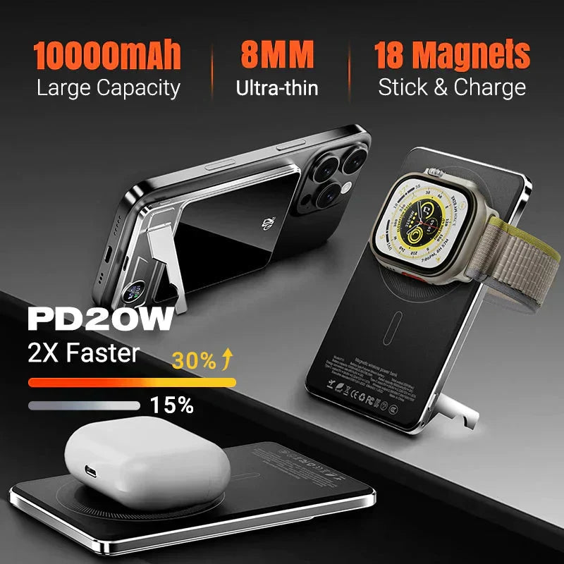 10000mAh Magnetic Wireless Power Bank | LED Display Built-in Stand 15W Fast Charge
