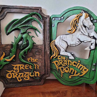 The Prancing Pony & The Green Dragon Pub Signs Set Handmade Bar Style -Lord of The Rings