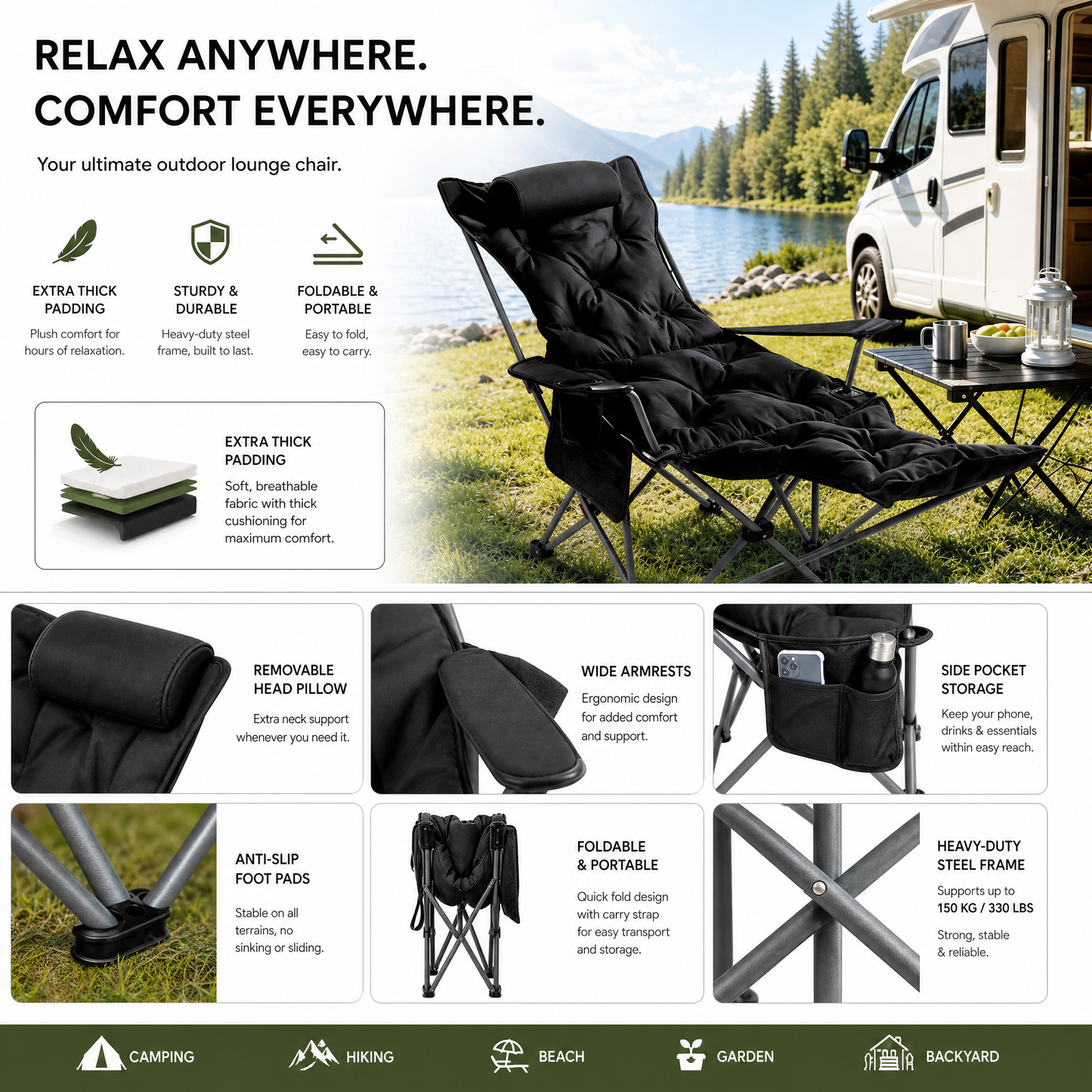 Heavy-Duty Reclining Chair – Foldable, All-Terrain Relaxation