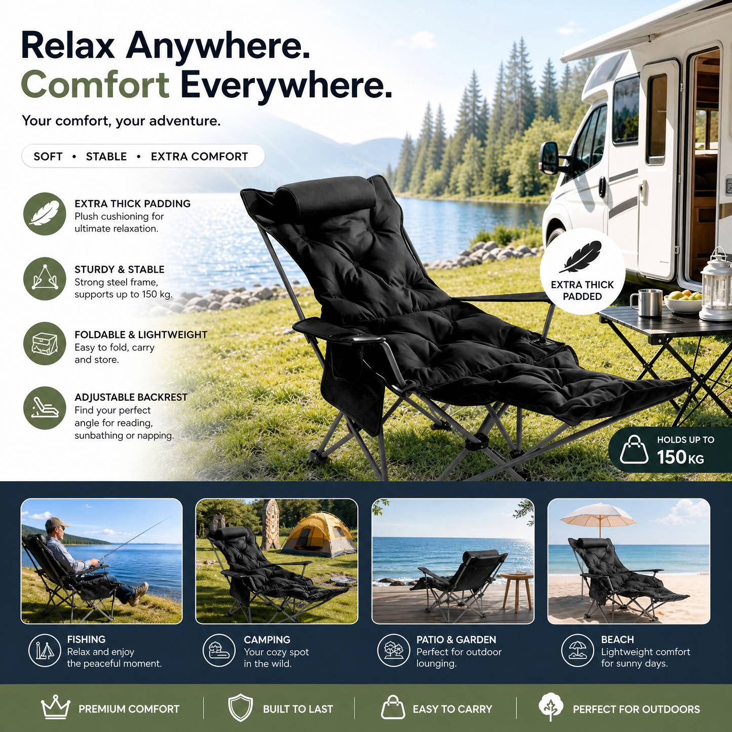 Heavy-Duty Reclining Chair – Foldable, All-Terrain Relaxation