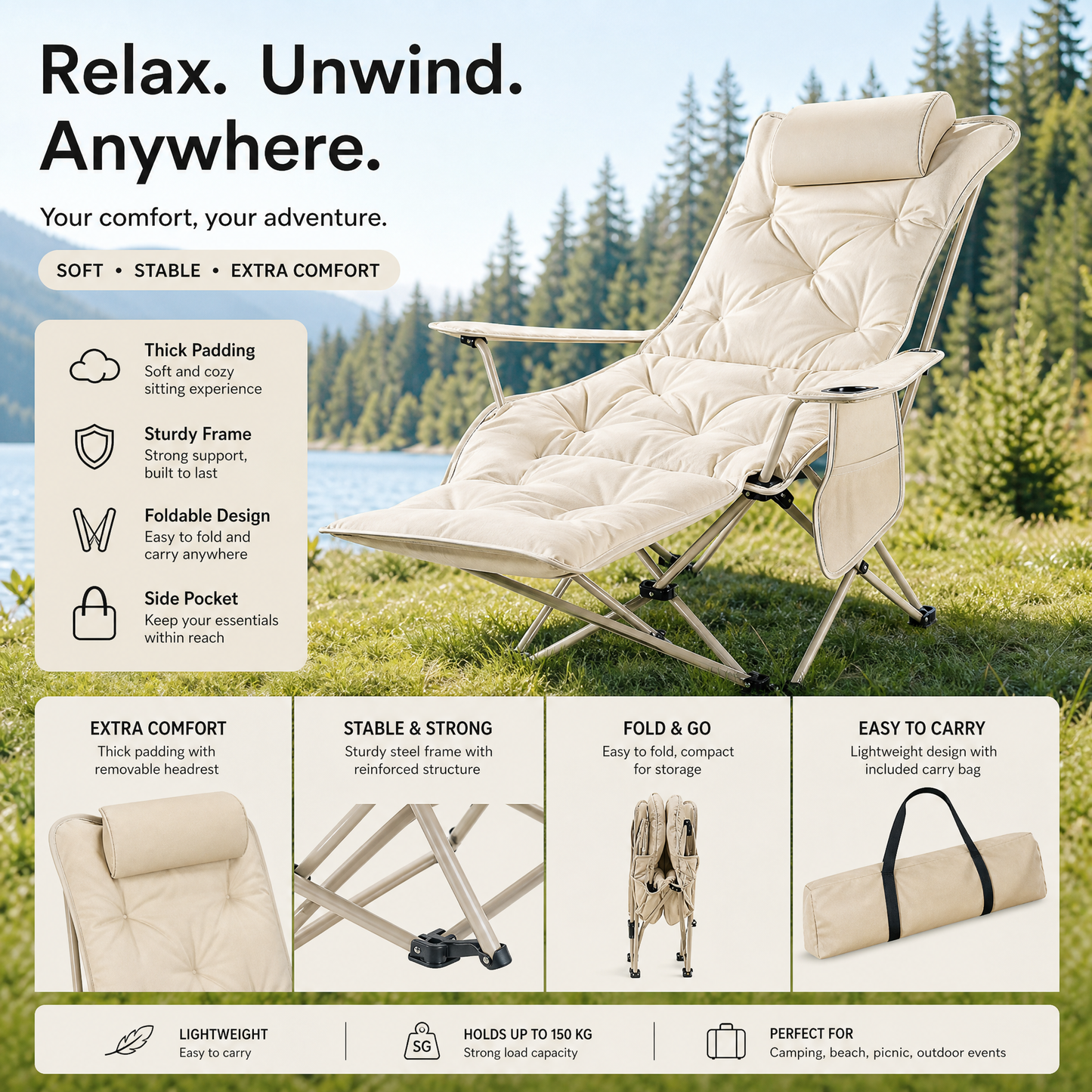 Heavy-Duty Reclining Chair – Foldable, All-Terrain Relaxation