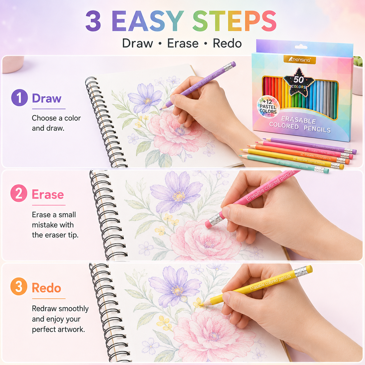 Color Freely, Erase Instantly! 50-Color No-Roll Erasable Pencils