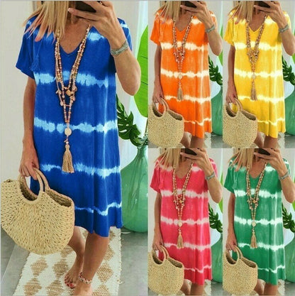 Boho Tie-Dye Dress – V-Neck & Flattering Fit