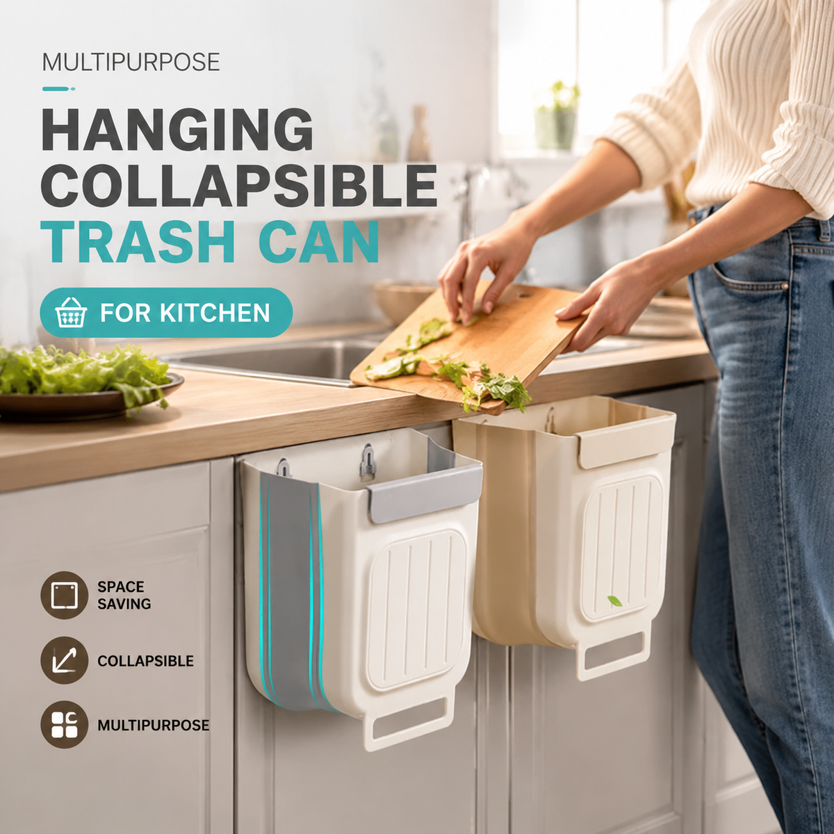 Save Space Instantly! No-Drill Hanging Collapsible Trash Can