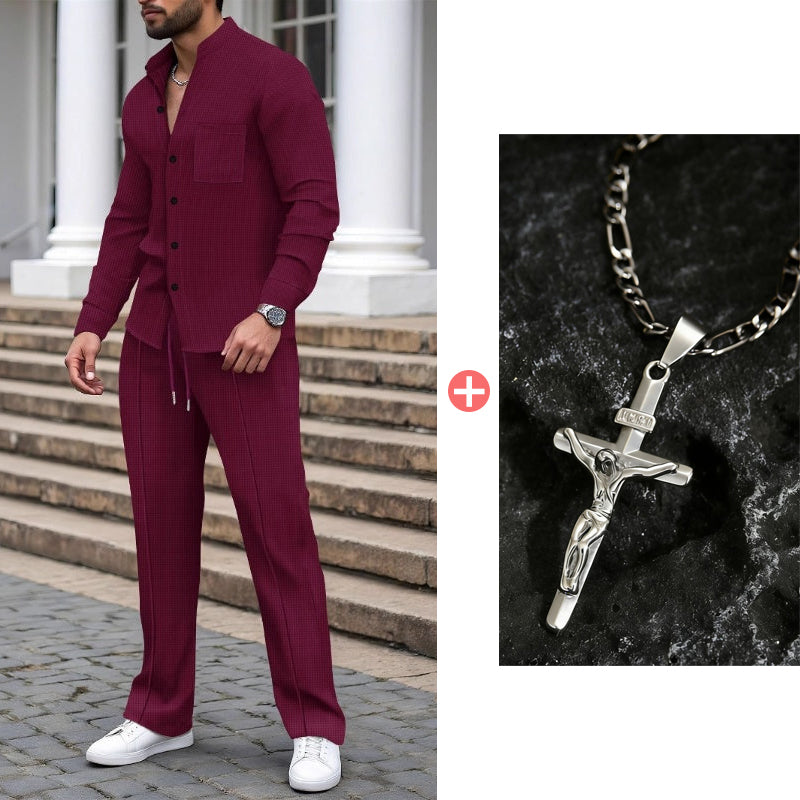 🔥Men’s Casual Waffle Shirt Pants 2-Piece Set