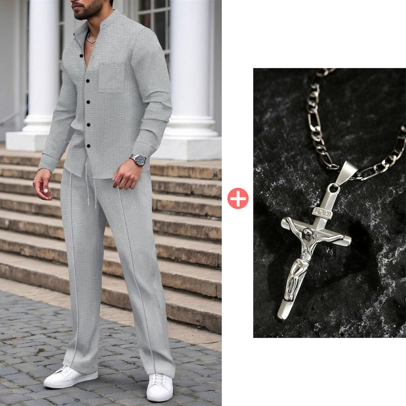 🔥Men’s Casual Waffle Shirt Pants 2-Piece Set