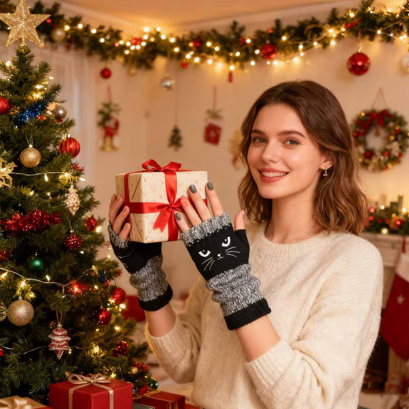 🐱Cute Women’s Knitted Cat Gloves — For Warm Hands & Free Fingers🧶