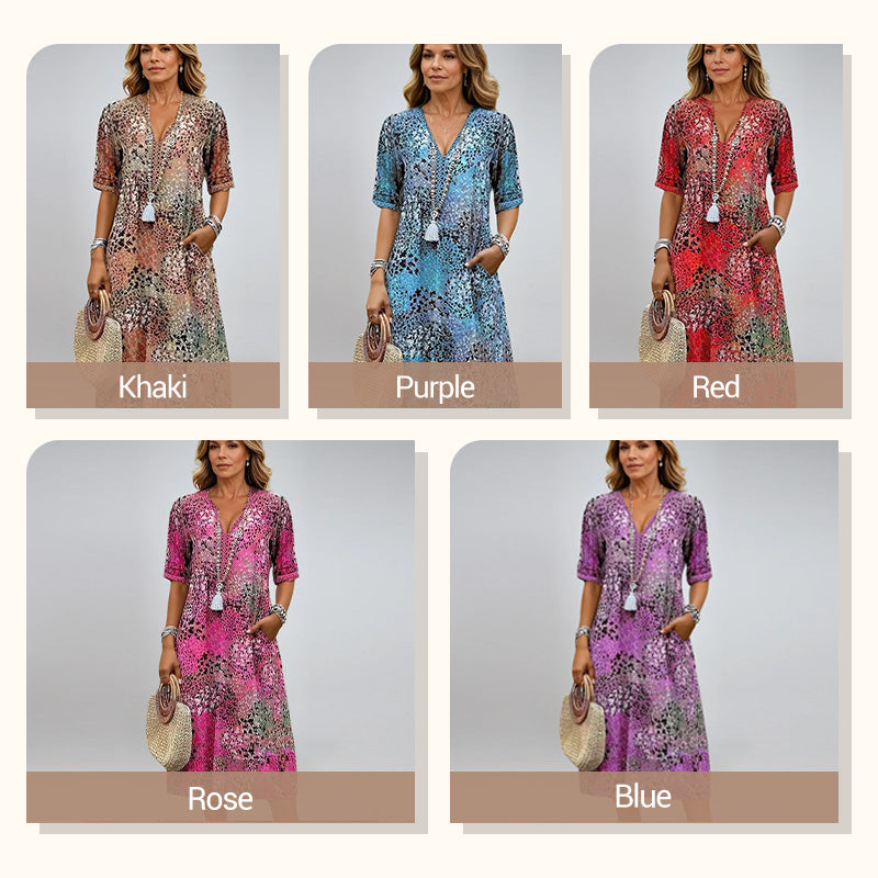 Printed Linen-Cotton Midi Dress – V-Neck & Relaxed Elegance