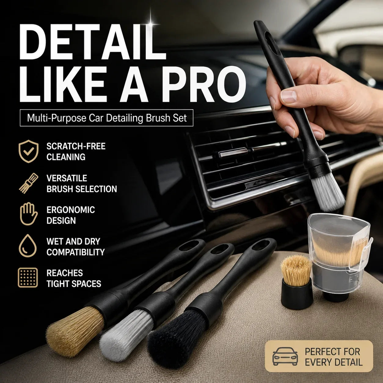 🚗🧹 Car Detailing Brush Set – Soft Interior Cleaning Brushes for Air Vents, Dashboard, Wheels & Tight Spaces