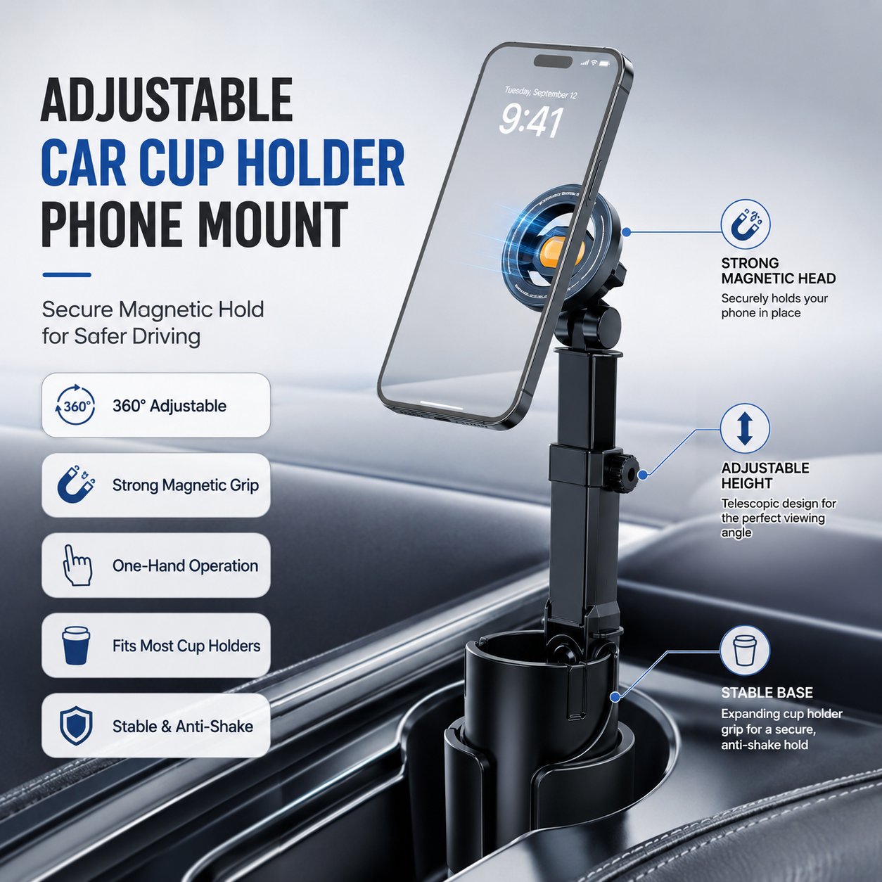 Cup Holder Phone Mount – 360° Stable & Adjustable Design, No More Flimsy Suction Drops
