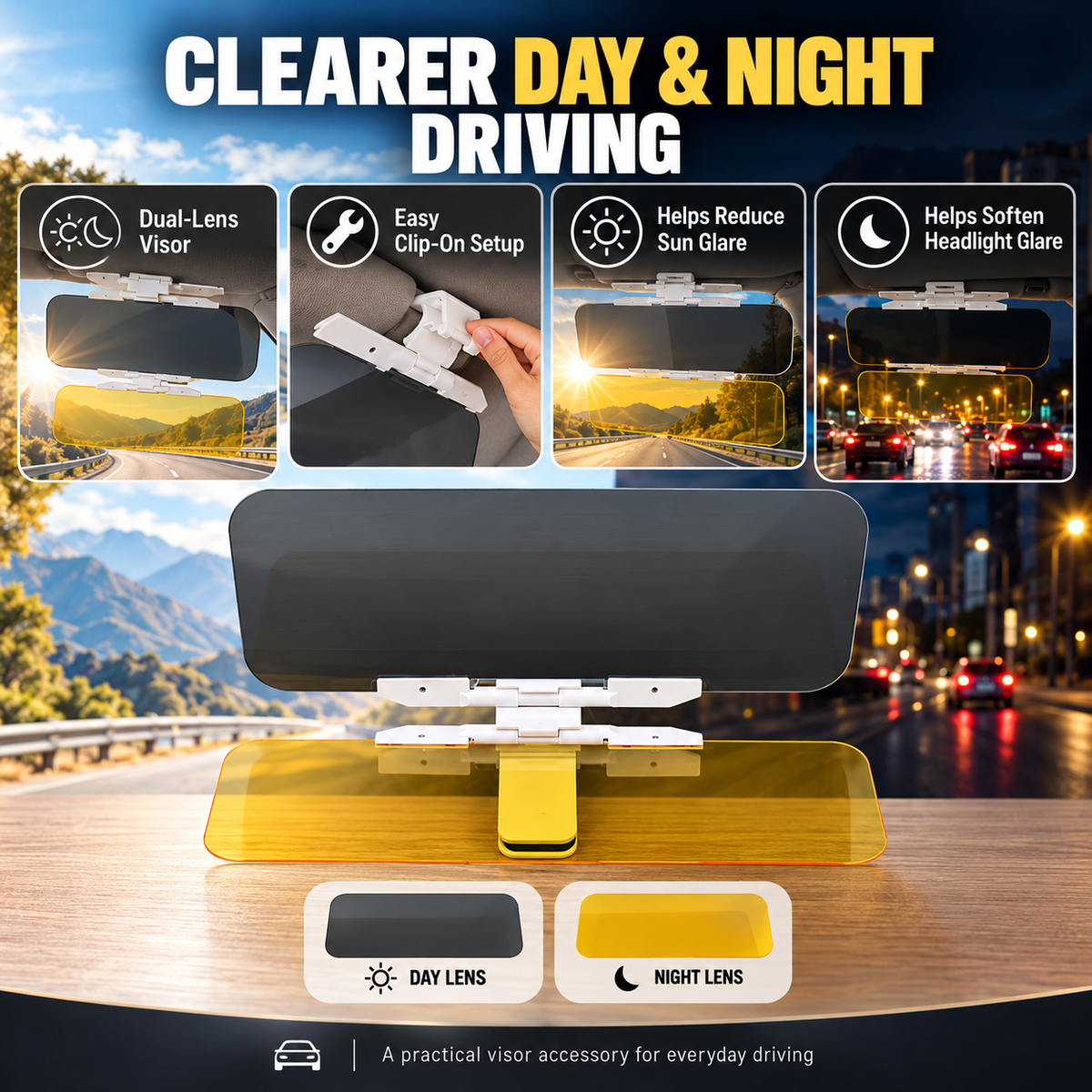 Reduce Glare Instantly! 2-in-1 Day & Night Clip-On Car Visor