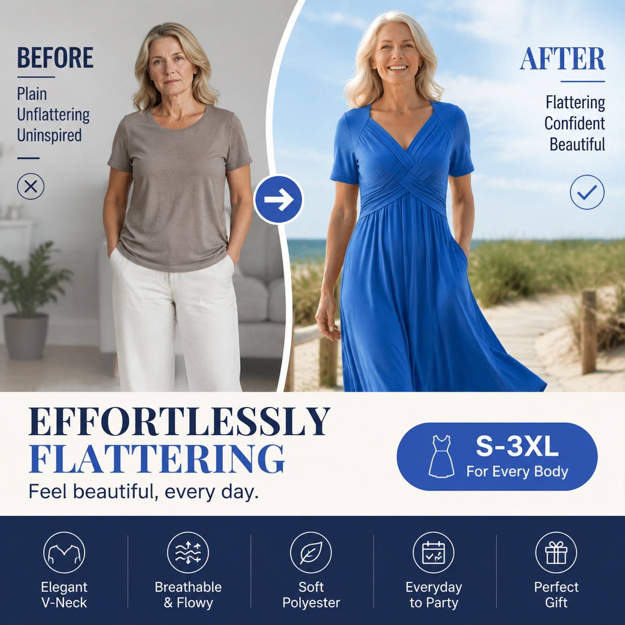V-Neck Short Sleeve Dress – Flowy Fit, Timeless Charm