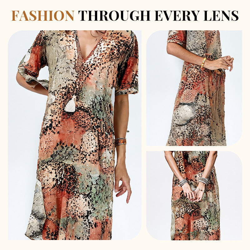 Printed Linen-Cotton Midi Dress – V-Neck & Relaxed Elegance