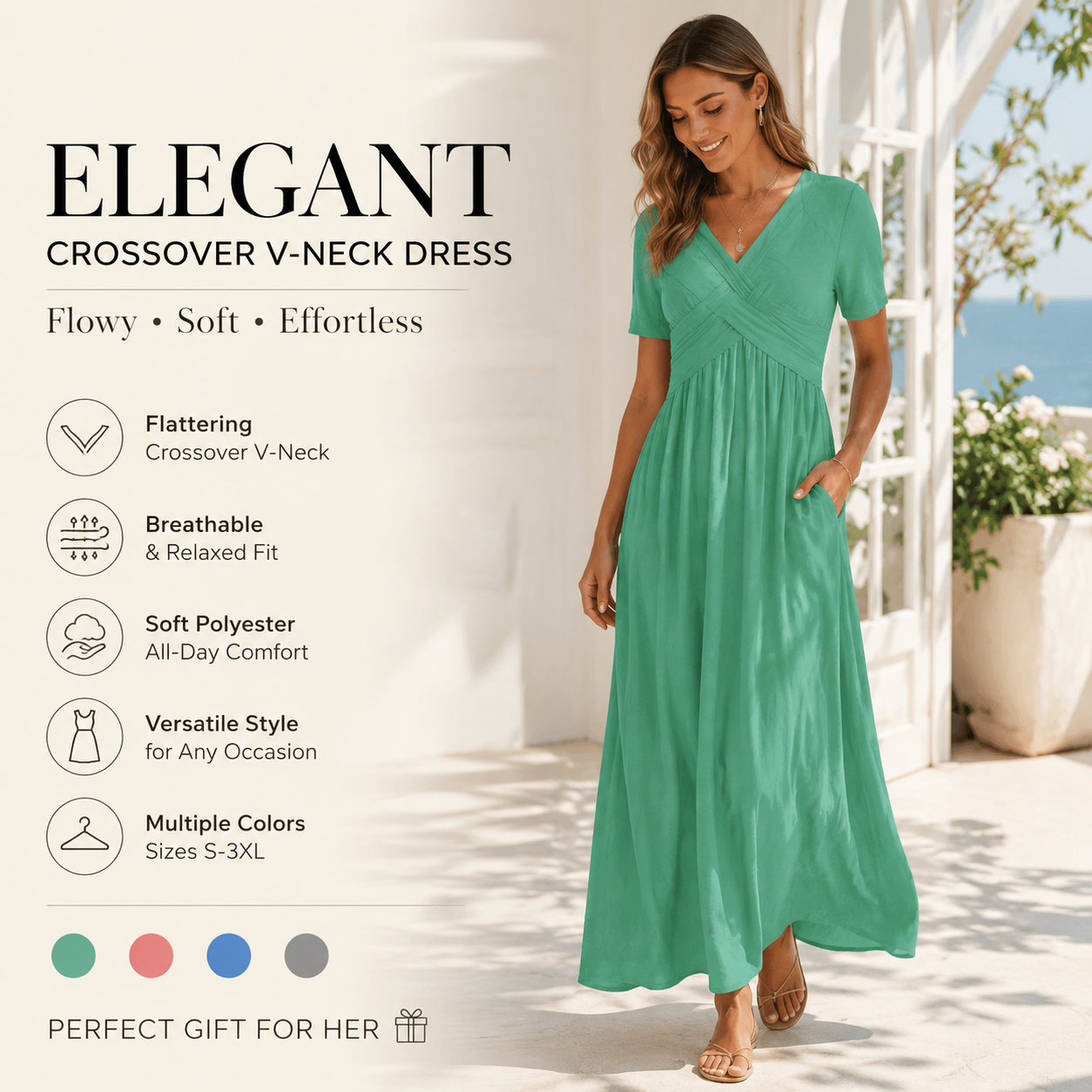 V-Neck Short Sleeve Dress – Flowy Fit, Timeless Charm