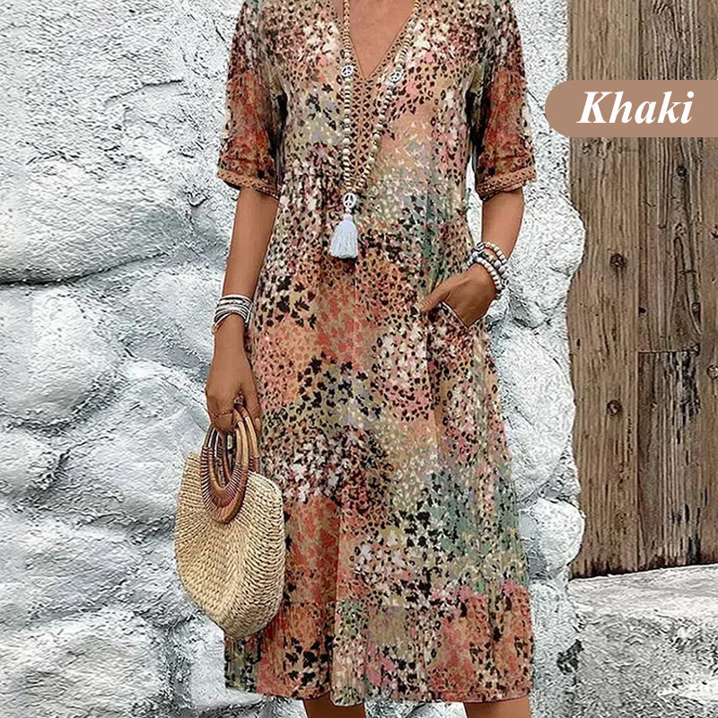 Printed Linen-Cotton Midi Dress – V-Neck & Relaxed Elegance
