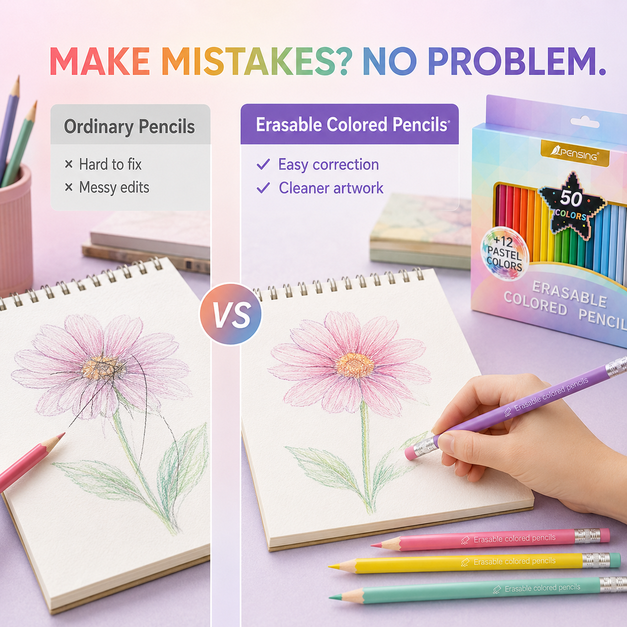Color Freely, Erase Instantly! 50-Color No-Roll Erasable Pencils