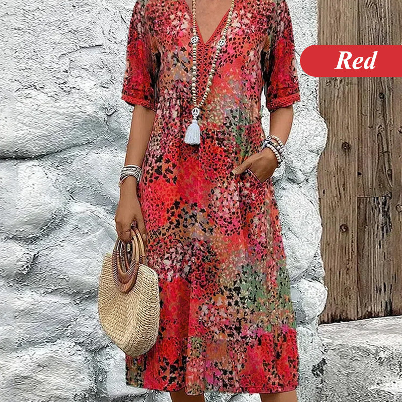 Printed Linen-Cotton Midi Dress – V-Neck & Relaxed Elegance