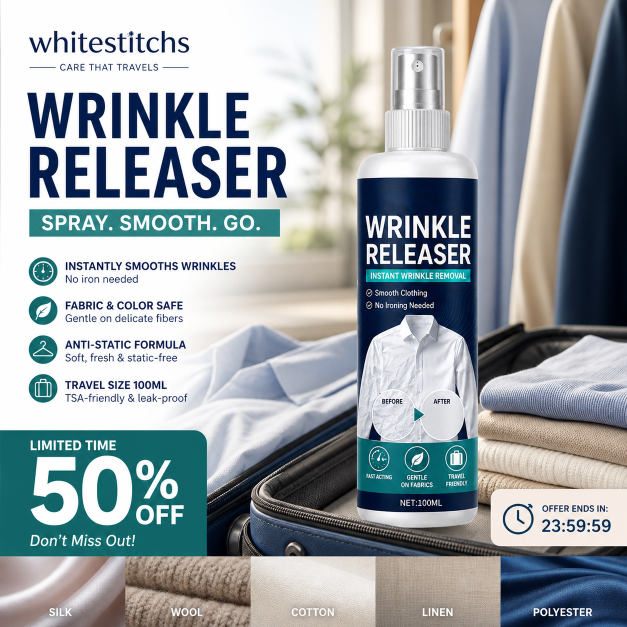 ✨Last Day 50 % OFF👔 Instant wrinkle release – no iron, travel-ready, static-free & fresh.