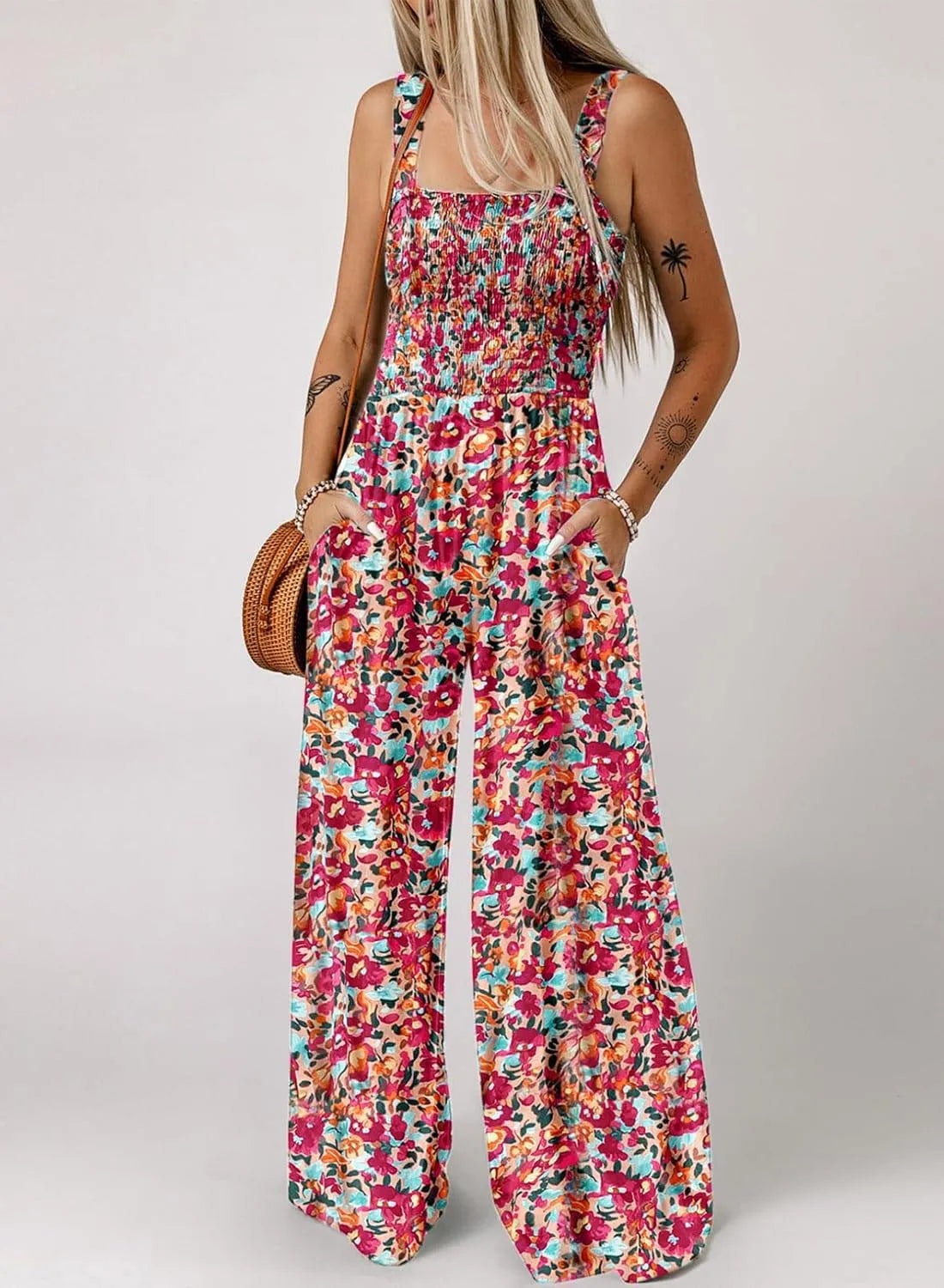 Smocked Print Jumpsuit – Wide-Leg & Flattering Fit