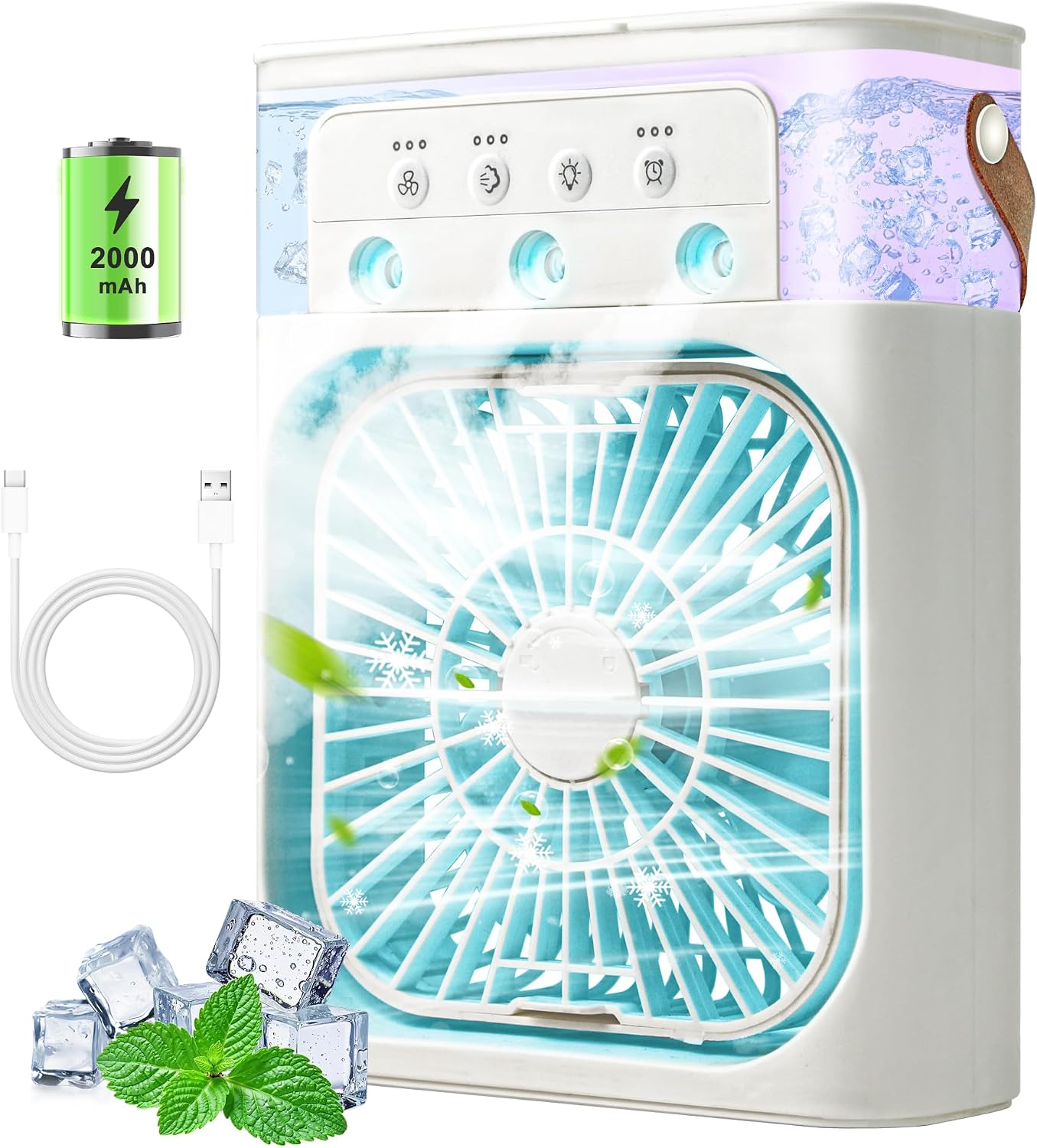 ❄️Portable Ice Misting Fan – Triple Nozzle & RGB Mood Lighting