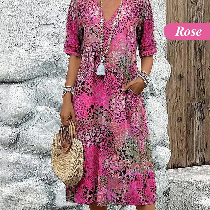 Printed Linen-Cotton Midi Dress – V-Neck & Relaxed Elegance