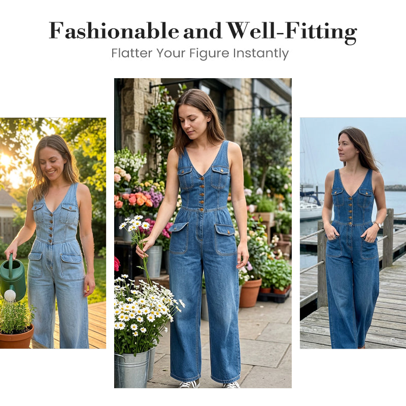 ⏳Time-Limited Special⏰Women's Denim Jumpsuit – Sleeveless, V-Neck, Wide-Leg 💫