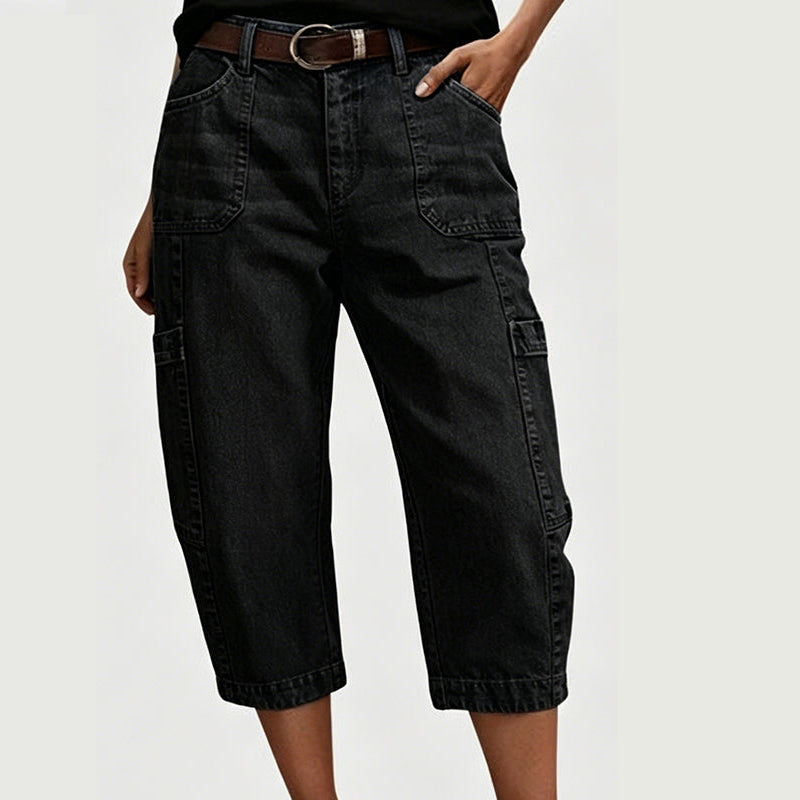Barrel Leg Cropped Jeans – Breathable & Multi-Pocket Fit