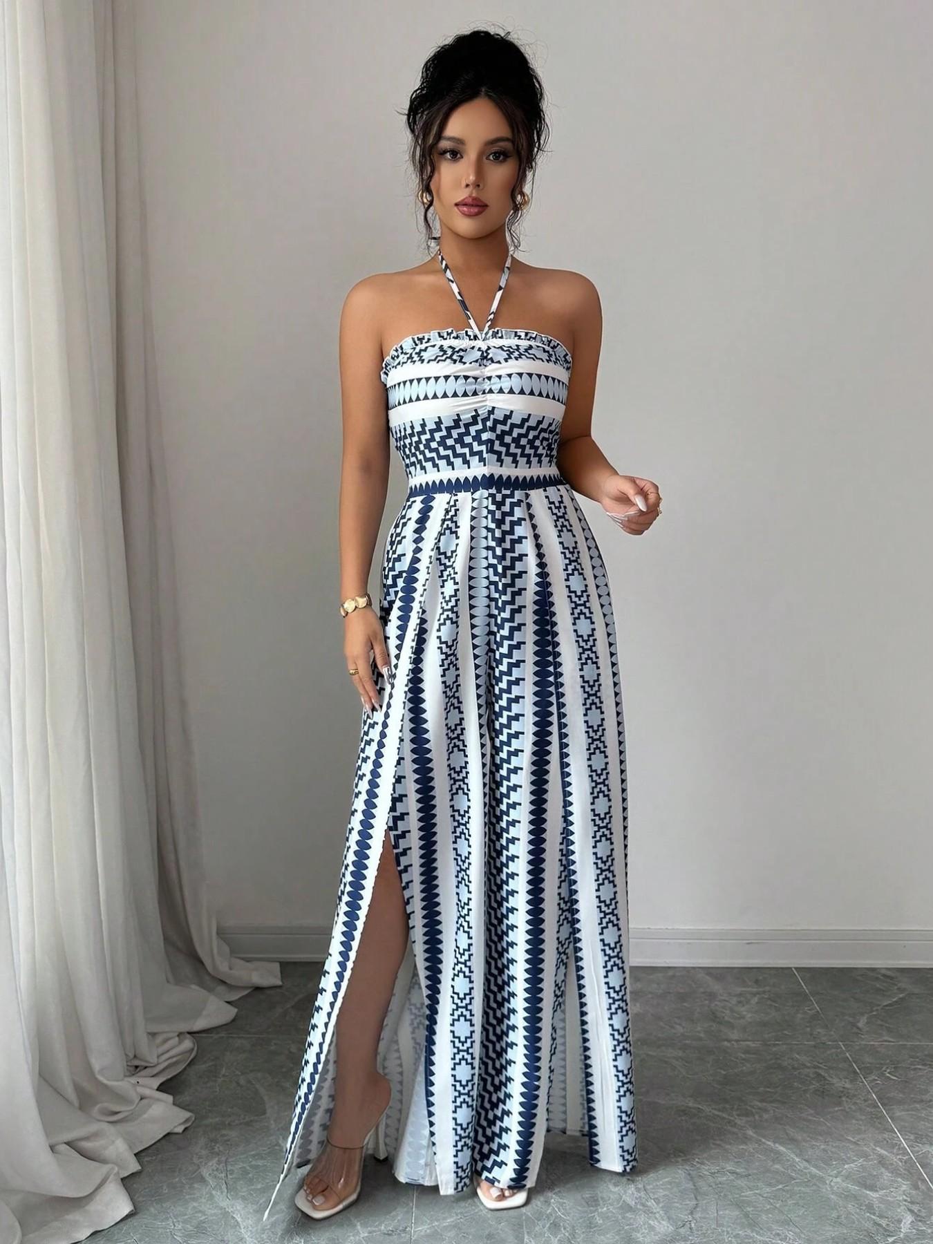 👗 50% OFF NOW! 💥Geometric Print Jumpsuit – Open Back & Stretchy Fit