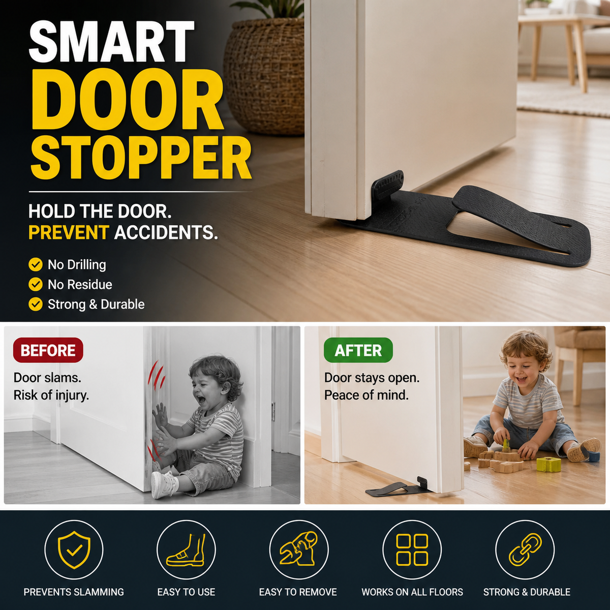 Hold Doors Open Instantly! No-Drill Foot-Operated Door Stopper