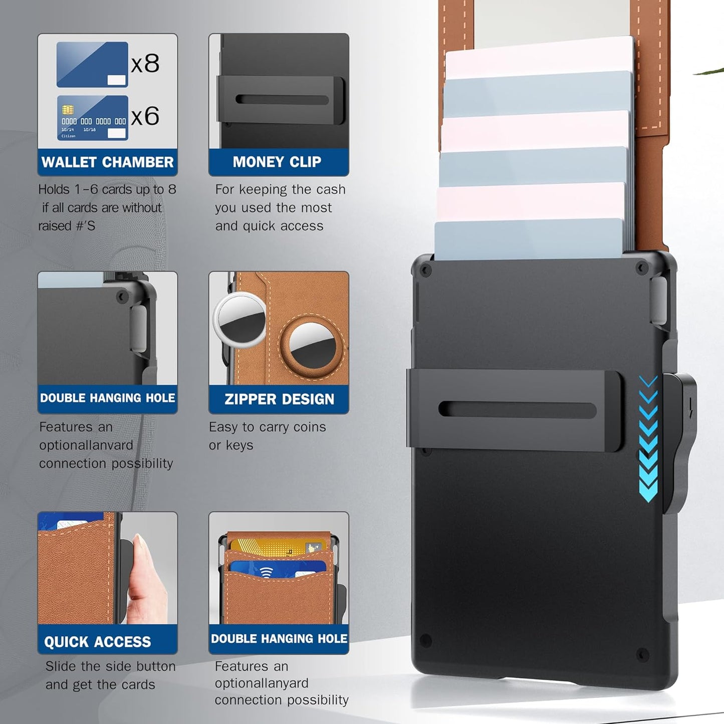 Aluminum RFID Wallet – AirTag Ready & Pop-Up Card Access
