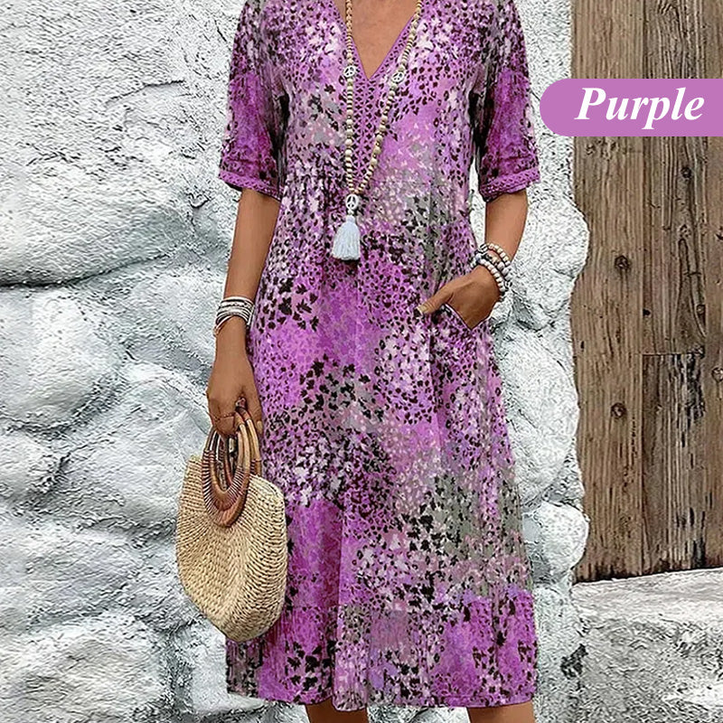Printed Linen-Cotton Midi Dress – V-Neck & Relaxed Elegance