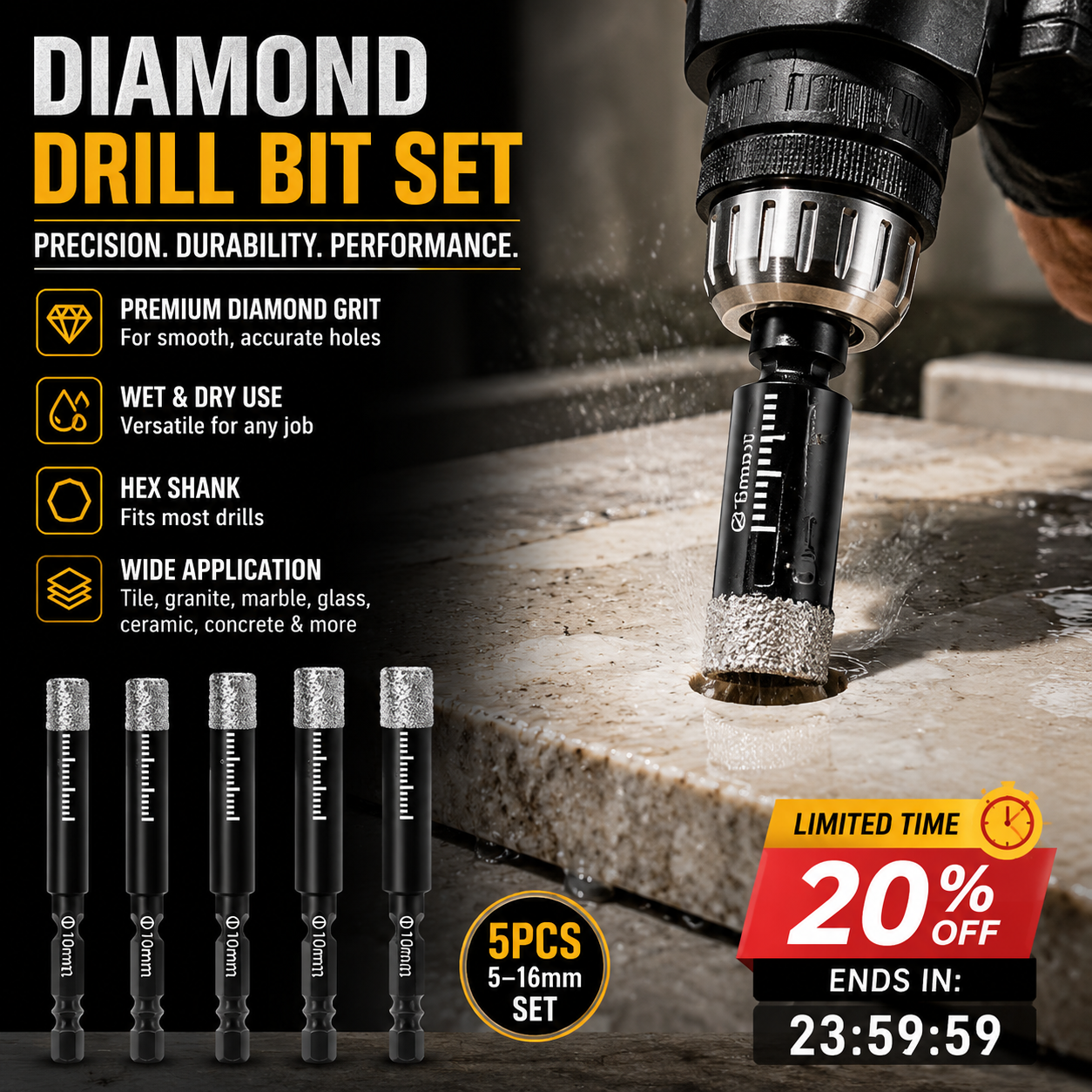 Popular Tools🔧Diamond Tile Drill Bit Set – Dry Cutting & Precise Design