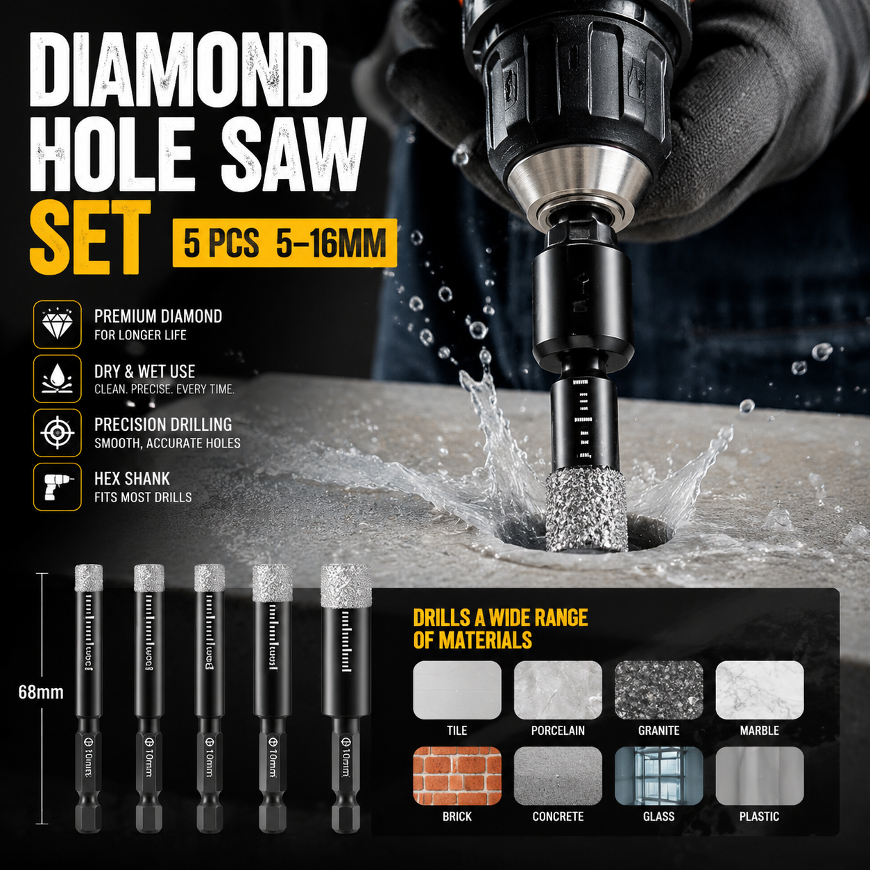 Popular Tools🔧Diamond Tile Drill Bit Set – Dry Cutting & Precise Design