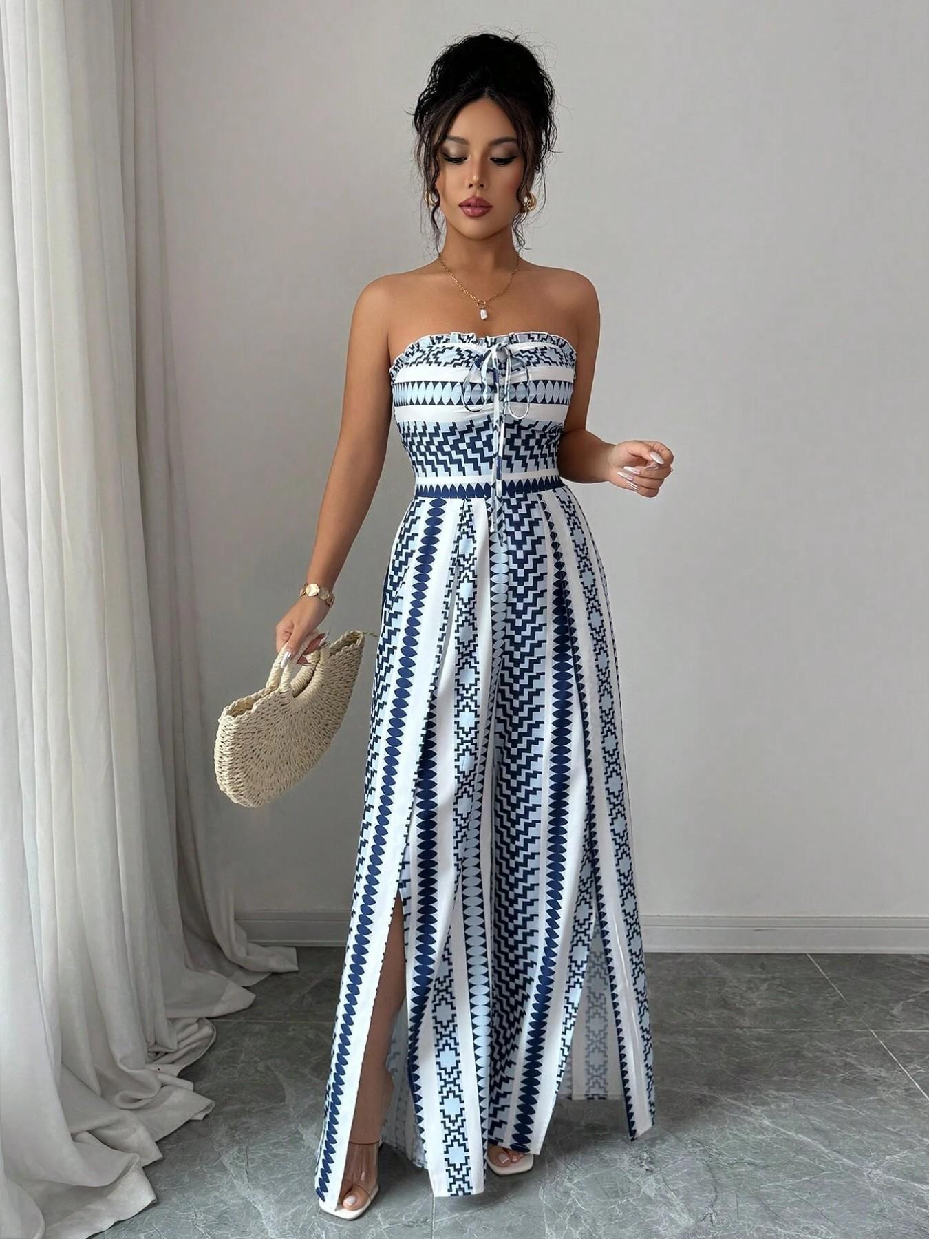 👗 50% OFF NOW! 💥Geometric Print Jumpsuit – Open Back & Stretchy Fit